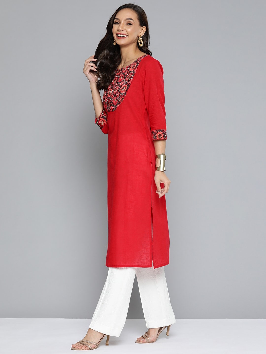 HERE&NOW Women Red & Black Yoke Design Pure Cotton Kurta | Grocsy