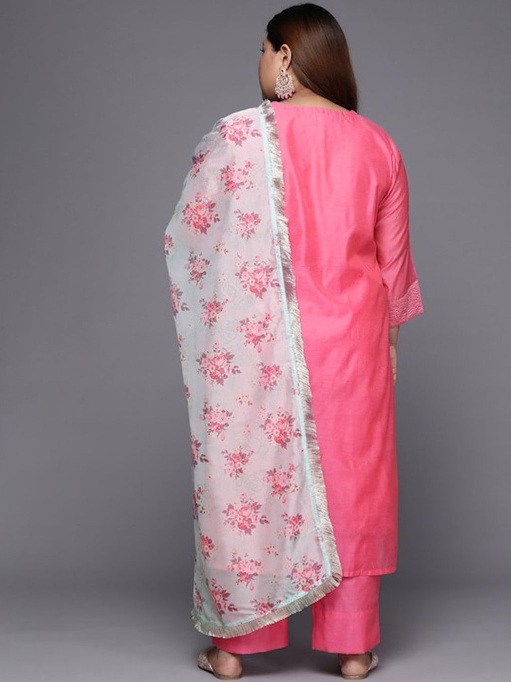 Sztori Plus Size Ethnic Yoke Design Regular Chanderi Silk Kurta & Trousers With Dupatta | Grocsy