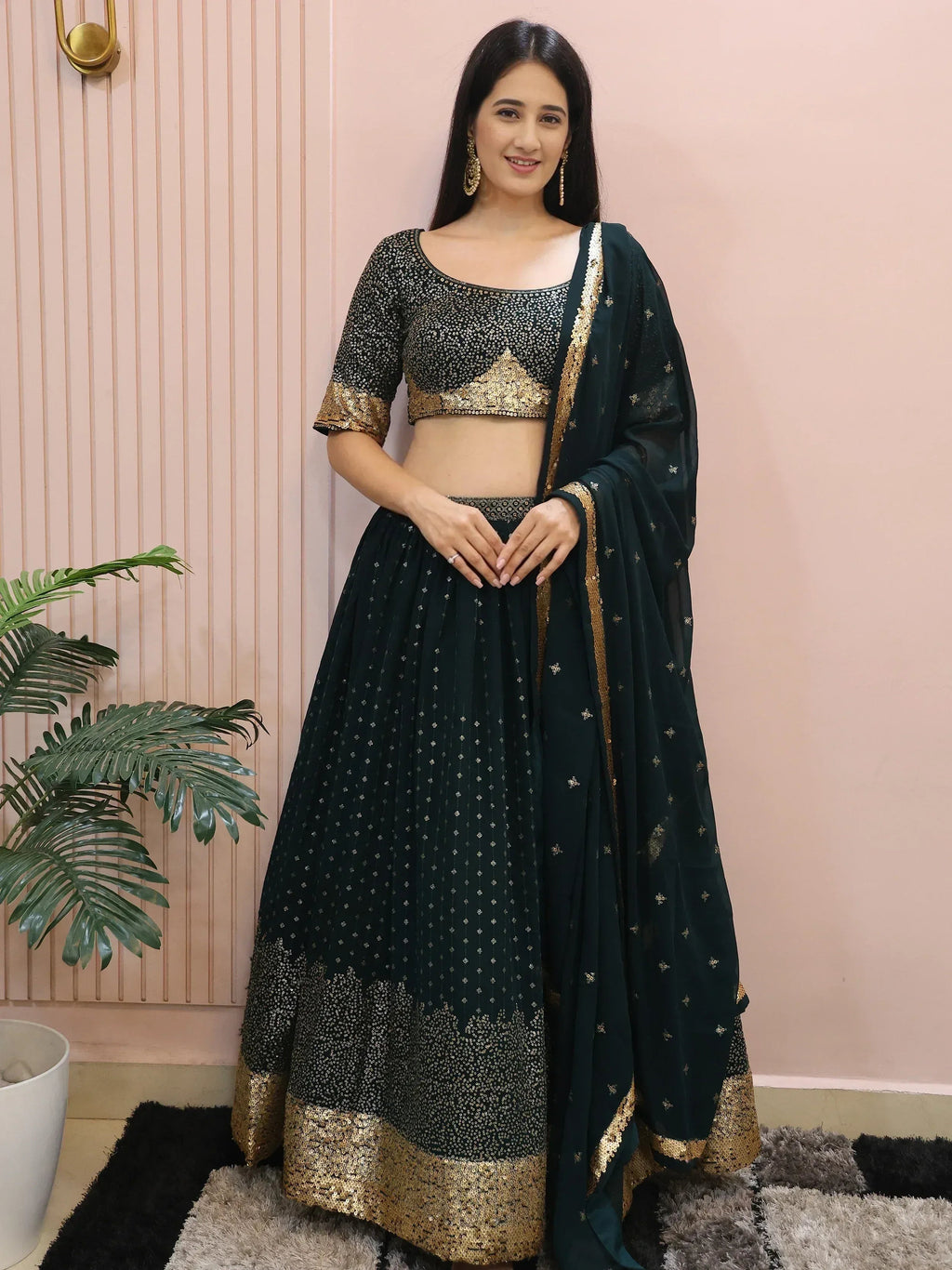 Tulsi Art Beautiful Green Sequins Mehendi Wear Lehenga Choli | Grocsy