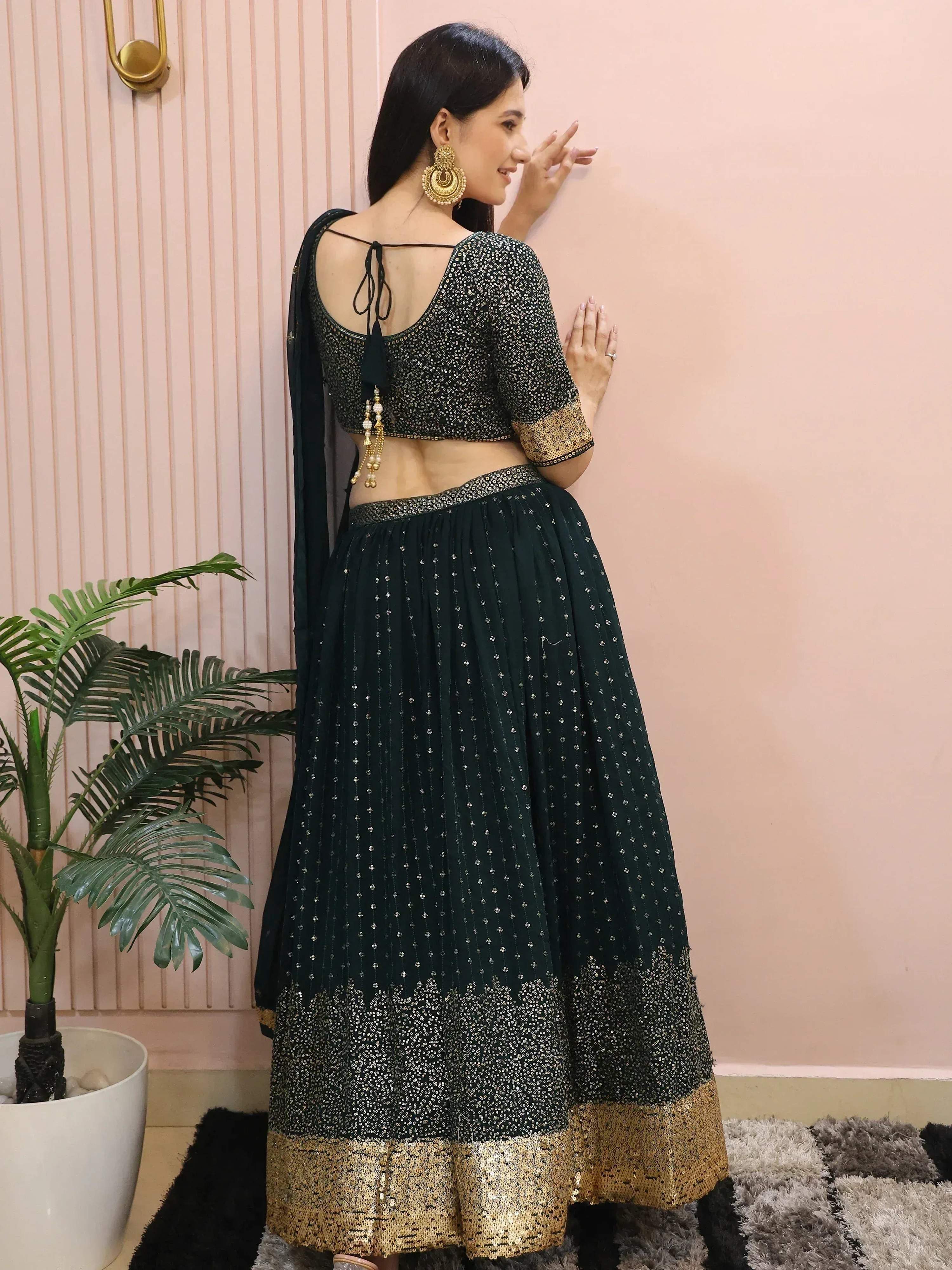 Tulsi Art Beautiful Green Sequins Mehendi Wear Lehenga Choli | Grocsy