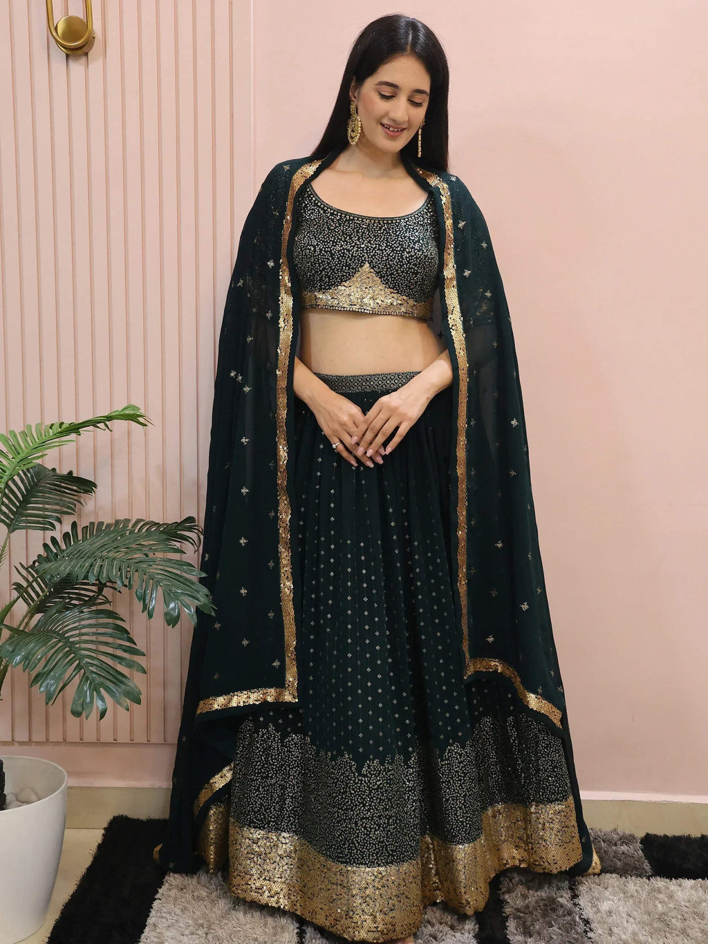Tulsi Art Beautiful Green Sequins Mehendi Wear Lehenga Choli | Grocsy