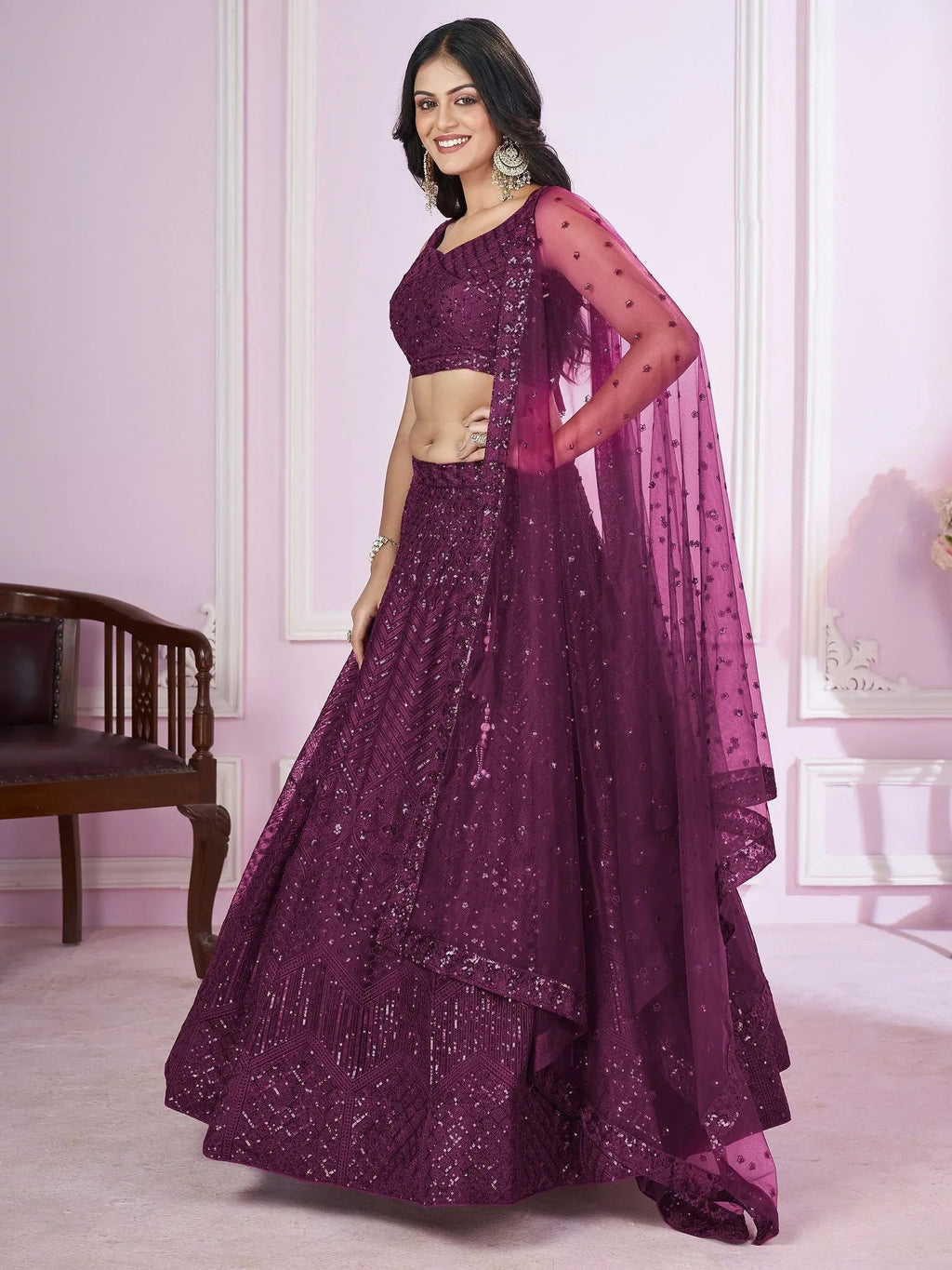 Tulsi Art Beautiful Purple Sequins Soft Net Function Wear Lehenga Choli | Grocsy