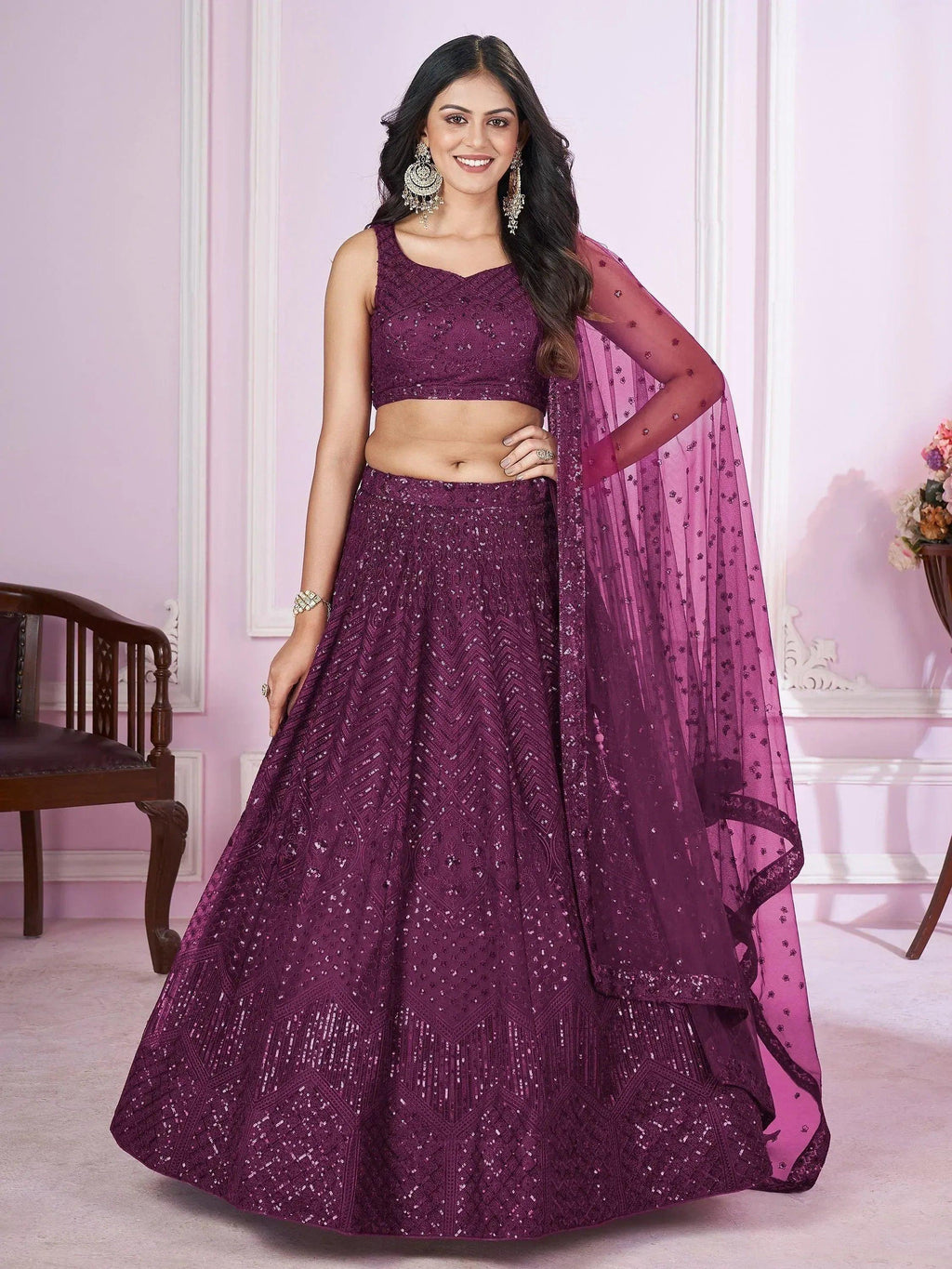 Tulsi Art Beautiful Purple Sequins Soft Net Function Wear Lehenga Choli | Grocsy