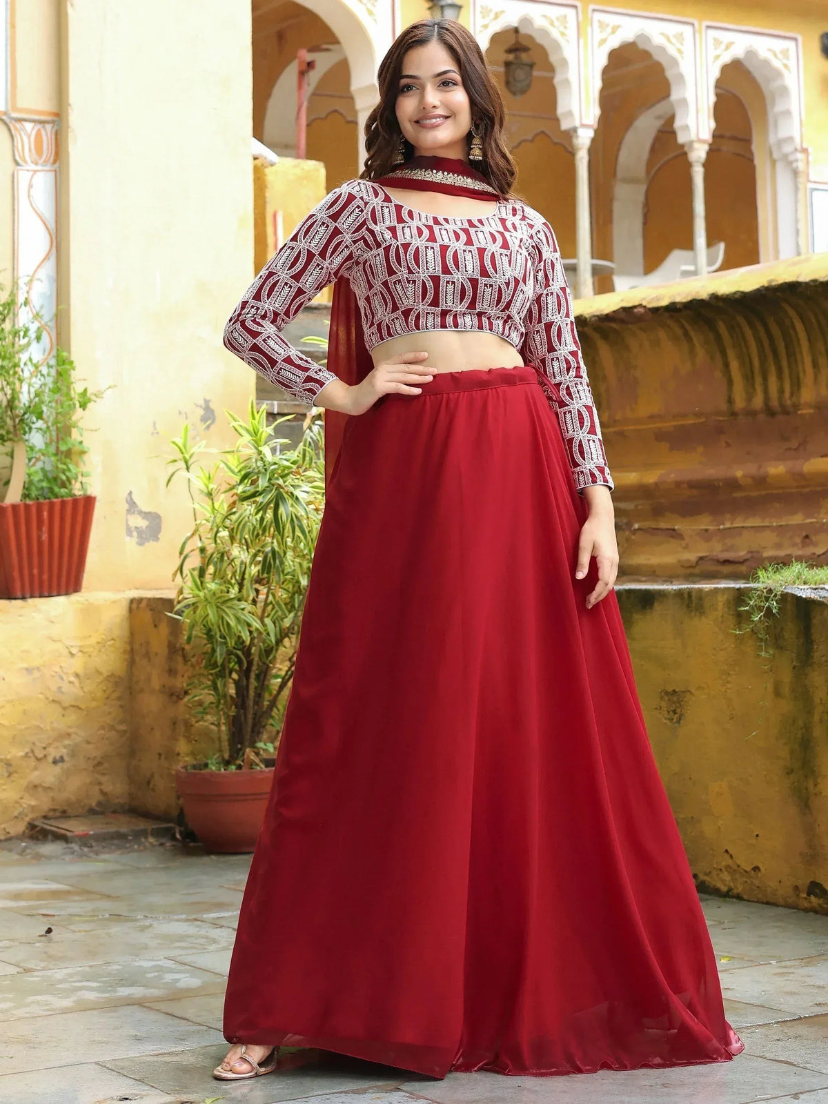 Tulsi Art Beautiful Red Sequins Georgette Function Wear Lehenga Choli | Grocsy