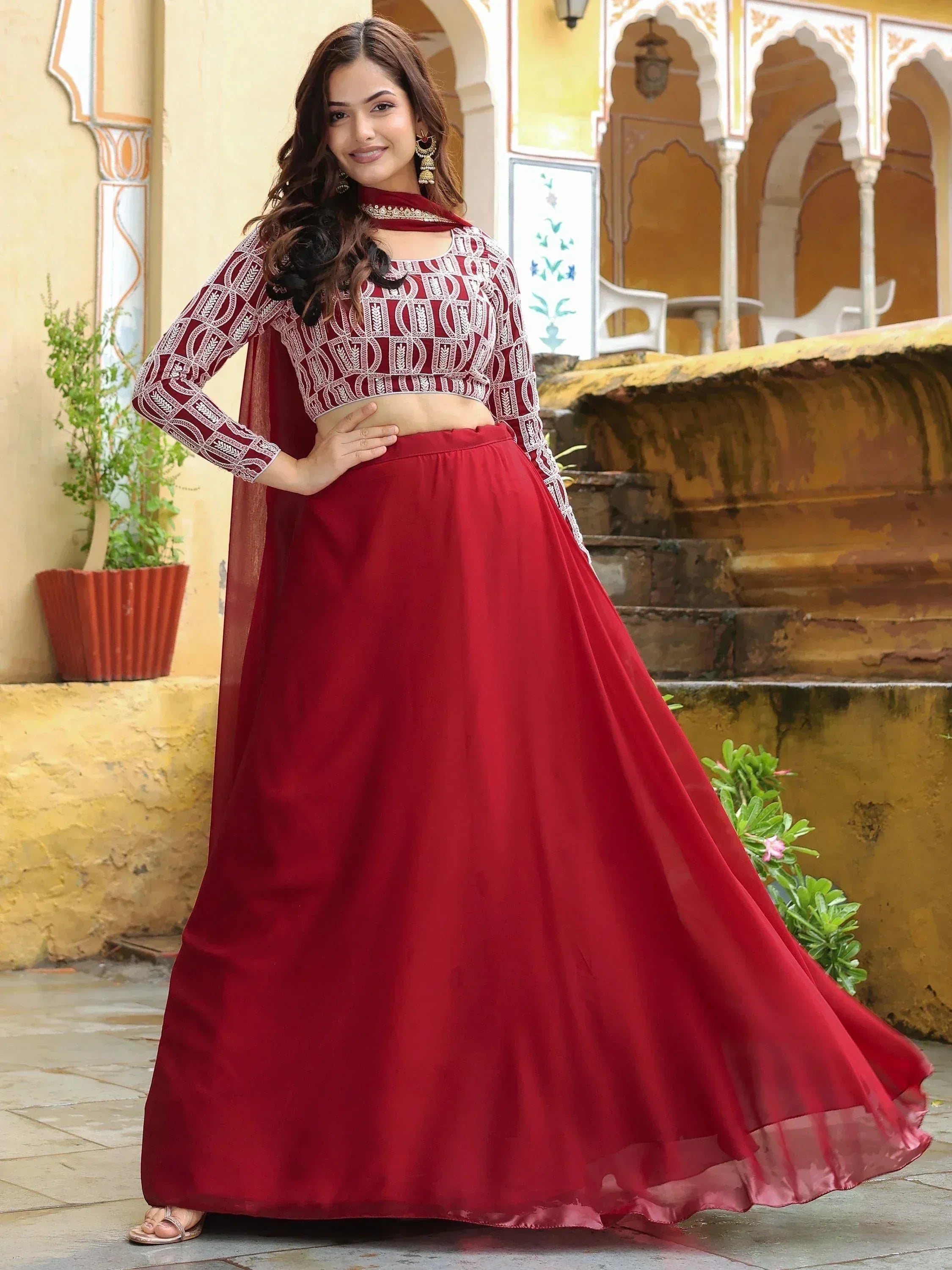 Tulsi Art Beautiful Red Sequins Georgette Function Wear Lehenga Choli | Grocsy