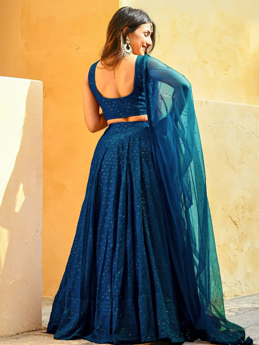 Tulsi Art Beautiful Teal Blue Thread Embroidered Wedding Lehenga Choli | Grocsy