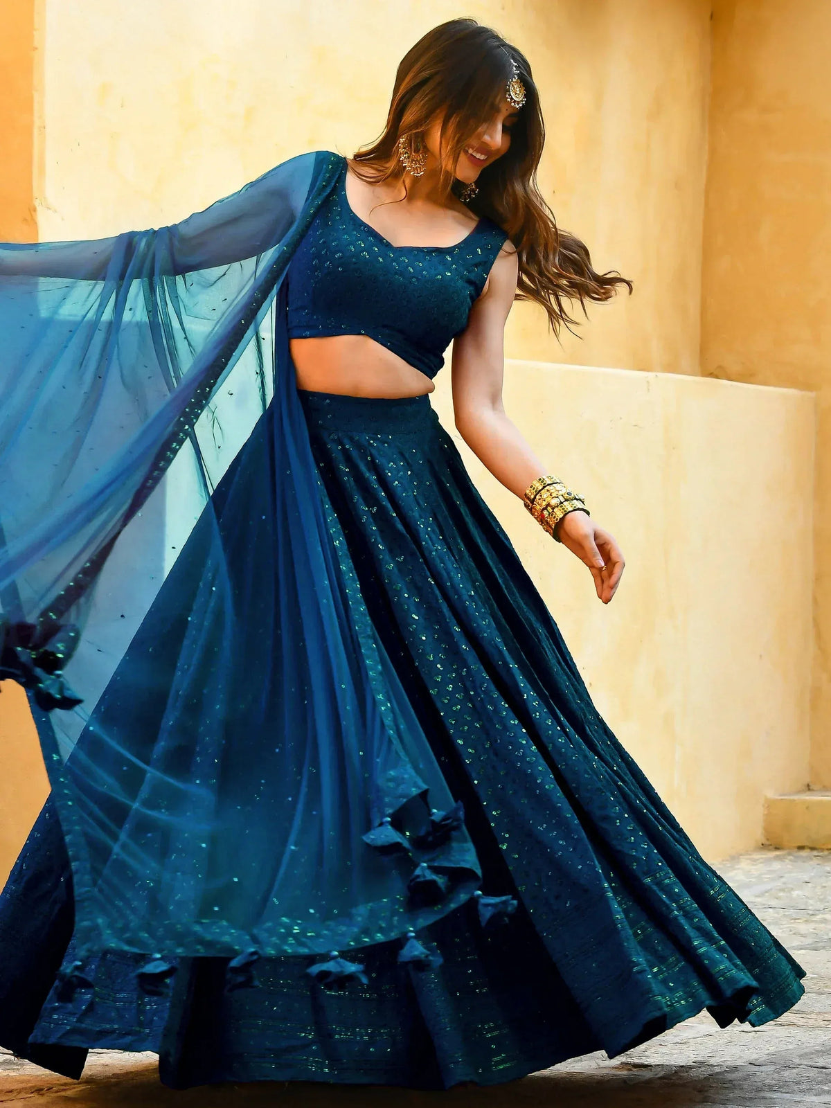 Tulsi Art Beautiful Teal Blue Thread Embroidered Wedding Lehenga Choli | Grocsy