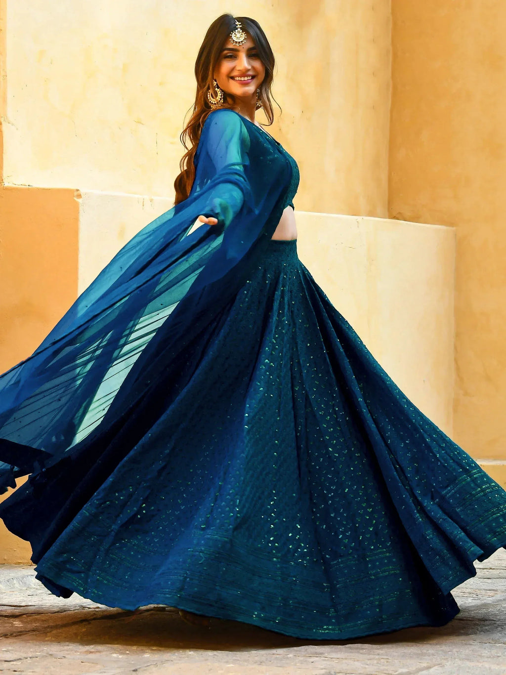Tulsi Art Beautiful Teal Blue Thread Embroidered Wedding Lehenga Choli | Grocsy