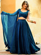 Tulsi Art Beautiful Teal Blue Thread Embroidered Wedding Lehenga Choli | Grocsy