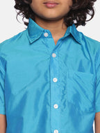Sethukrishna Boys Turquoise Blue & White Solid Cotton Shirt & Dhoti Set | Grocsy