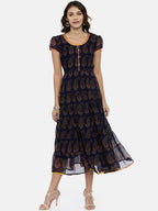 Souchii Women Navy Blue Printed Fit And Flare Dress | Grocsy