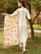 Indo Era White Floral Yoke Design Tie-Up Neck Straight Kurta With Trousers & Dupatta | Grocsy