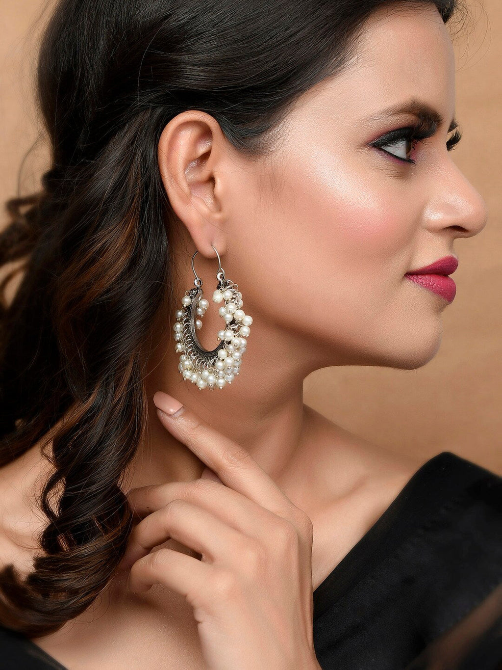 Shoshaa Silver-Toned & White Contemporary Hoop Earrings | Grocsy