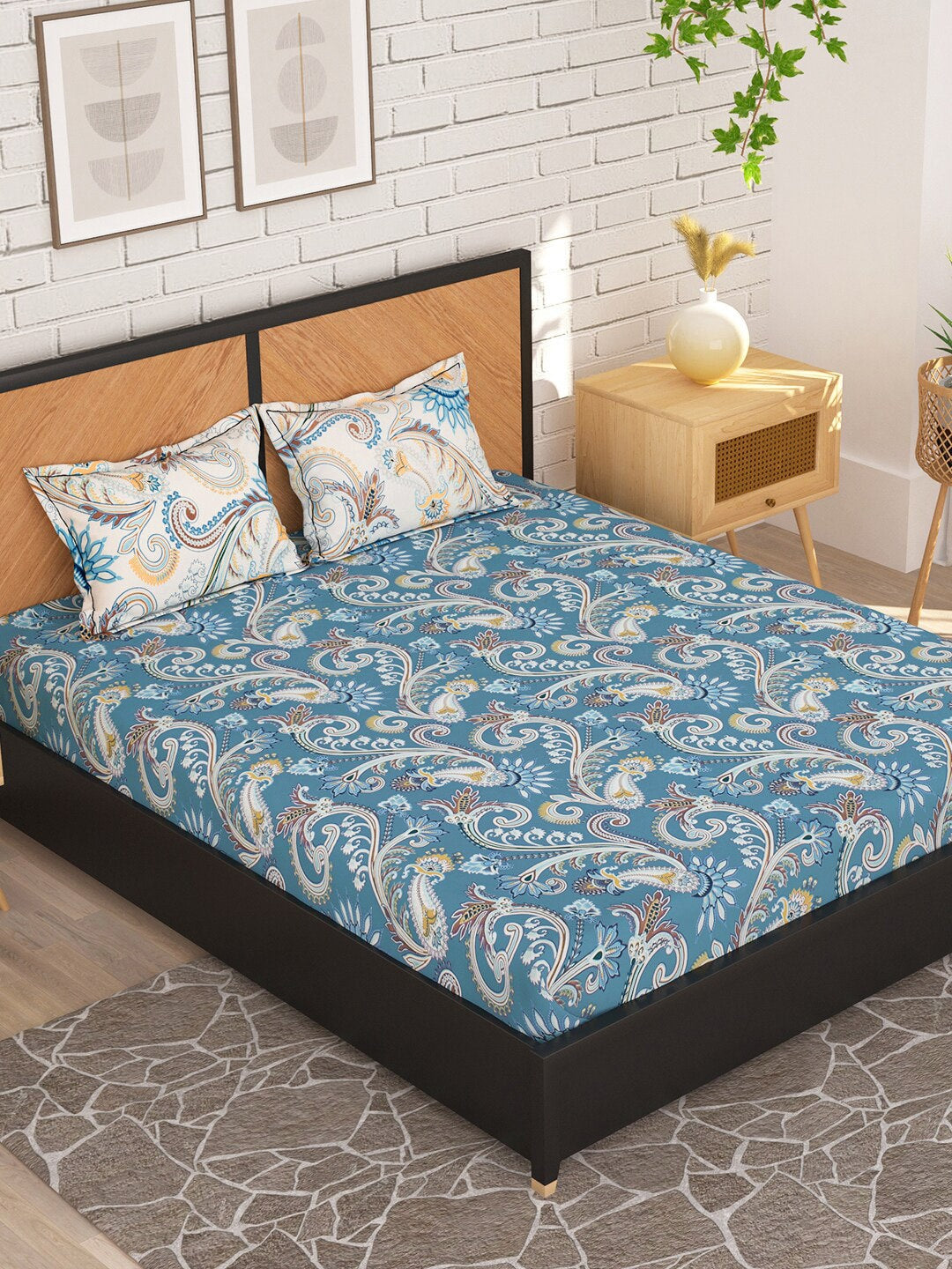 Story@home Blue & Cream-Coloured Ethnic Motifs 180 TC Queen Bedsheet With 2 Pillow Covers | Grocsy