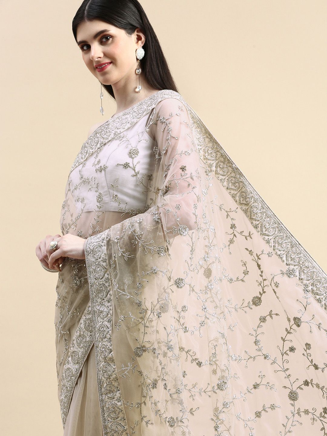 kasee Floral Embroidered Sequinned Net Saree | Grocsy