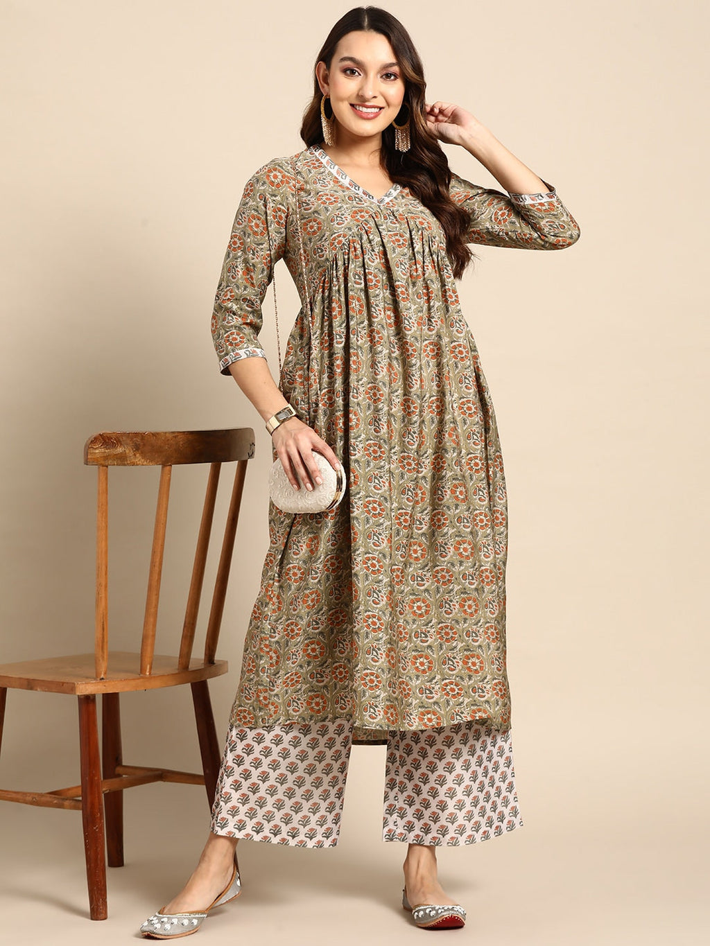 Sangria Women Olive Green Floral Printed Empire Kurta with Trousers | Grocsy