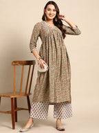 Sangria Women Olive Green Floral Printed Empire Kurta with Trousers | Grocsy