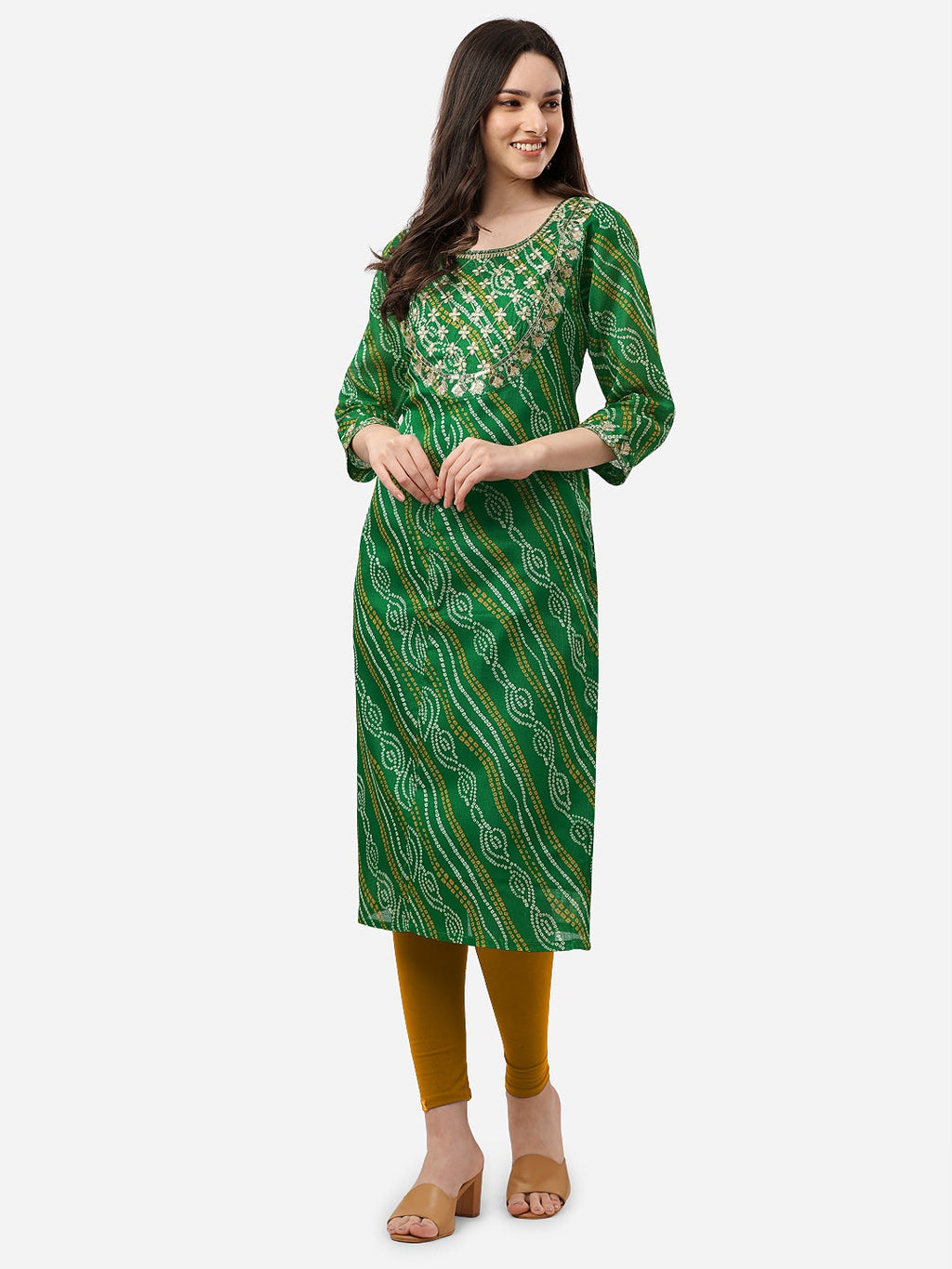 HERE&NOW Women Green Leheriya Printed Pure Cotton Kurta | Grocsy