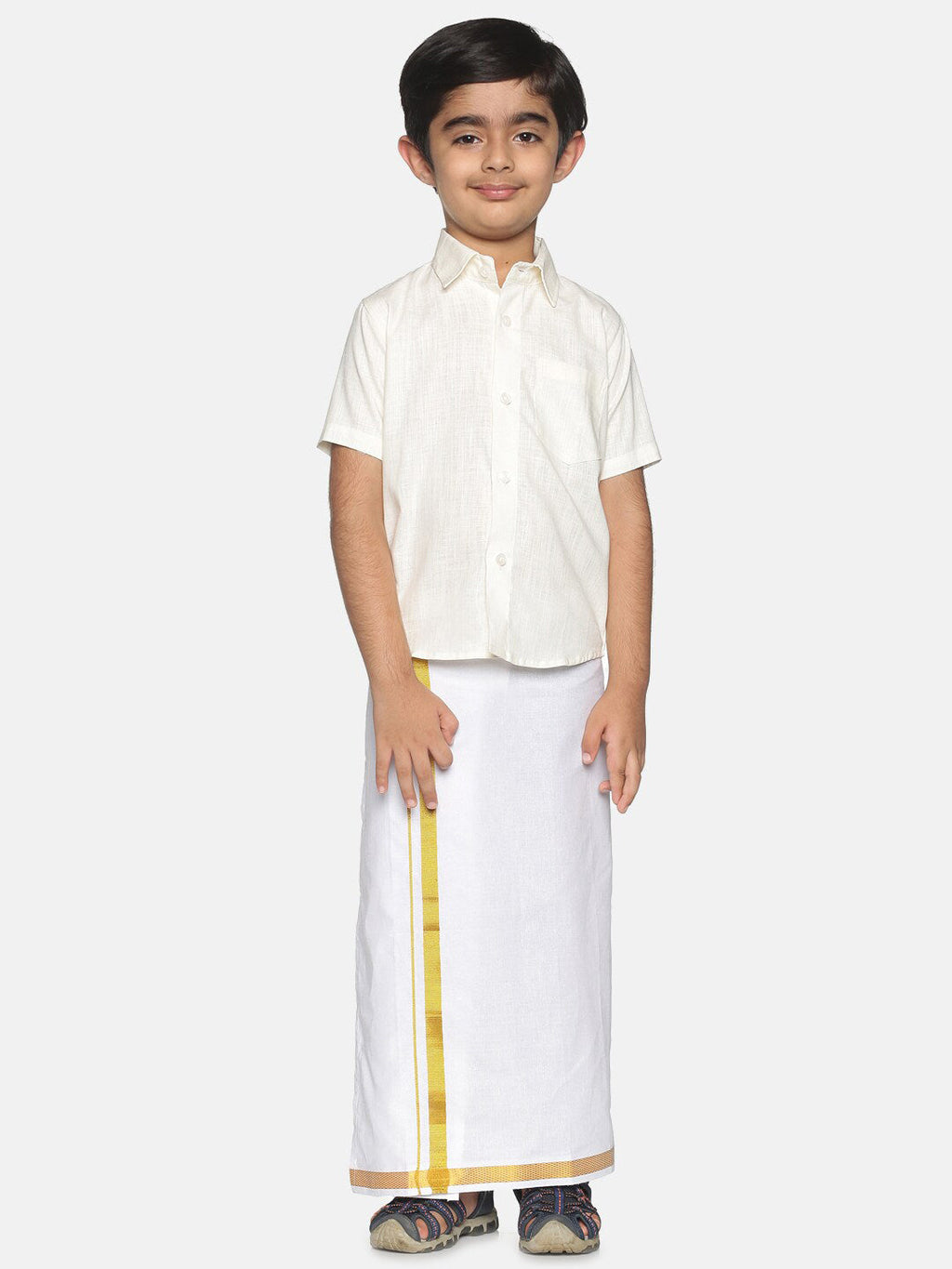 Sethukrishna Boys Cream-Coloured & Gold-Toned Pure Cotton Shirt with Dhoti | Grocsy
