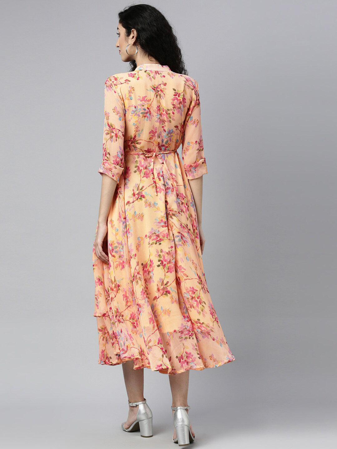 Souchii Peach-Coloured Floral Layered Chiffon Beautiful A-Line Midi Dress | Grocsy