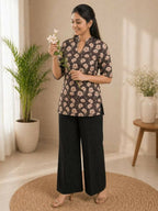 Teeya Creation Women Coffee Brown & Peach Floral Printed Cotton Kurti with Black Wide-Leg Palazzo Set | Grocsy