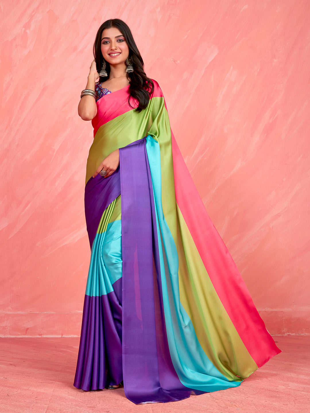 Sangria Colourblocked Satin Saree | Grocsy