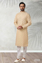 Raivat Ethnic Cotton Printed Work Kurta Pajama In Beige Colour | Grocsy
