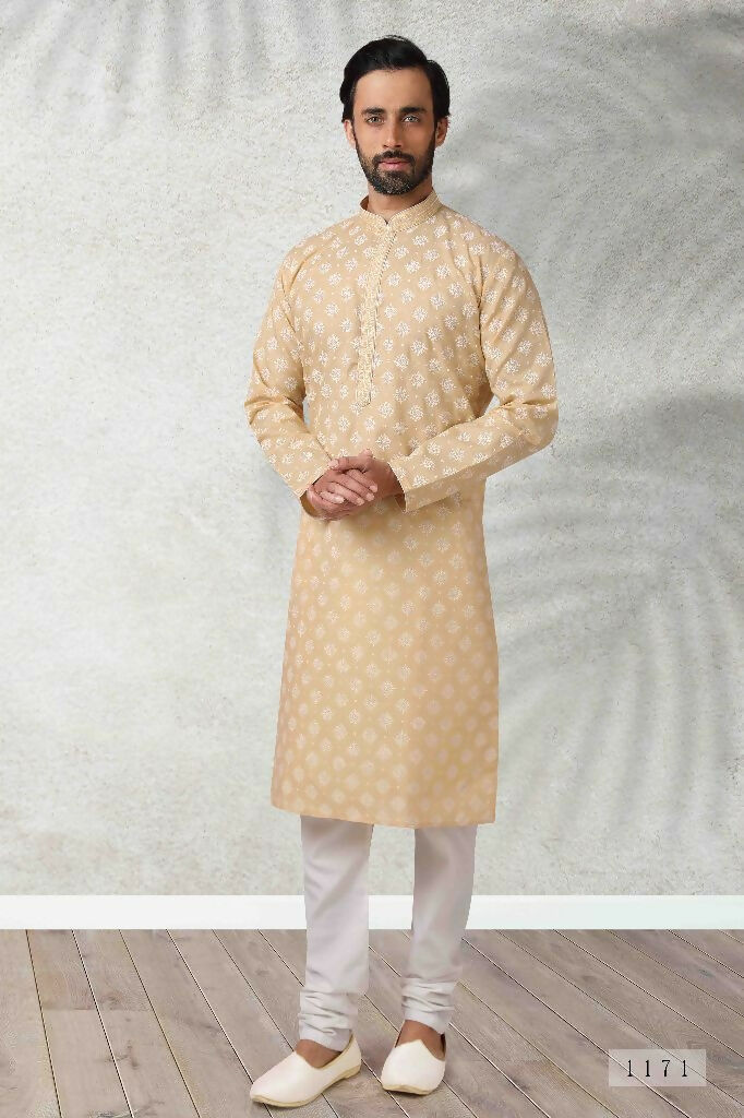 Raivat Ethnic Cotton Printed Work Kurta Pajama In Beige Colour | Grocsy
