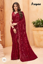 Aayaa Heavy Georgette Double Run Sequance Work Saree With Fitting Sequance Lace Border - Marron | Grocsy