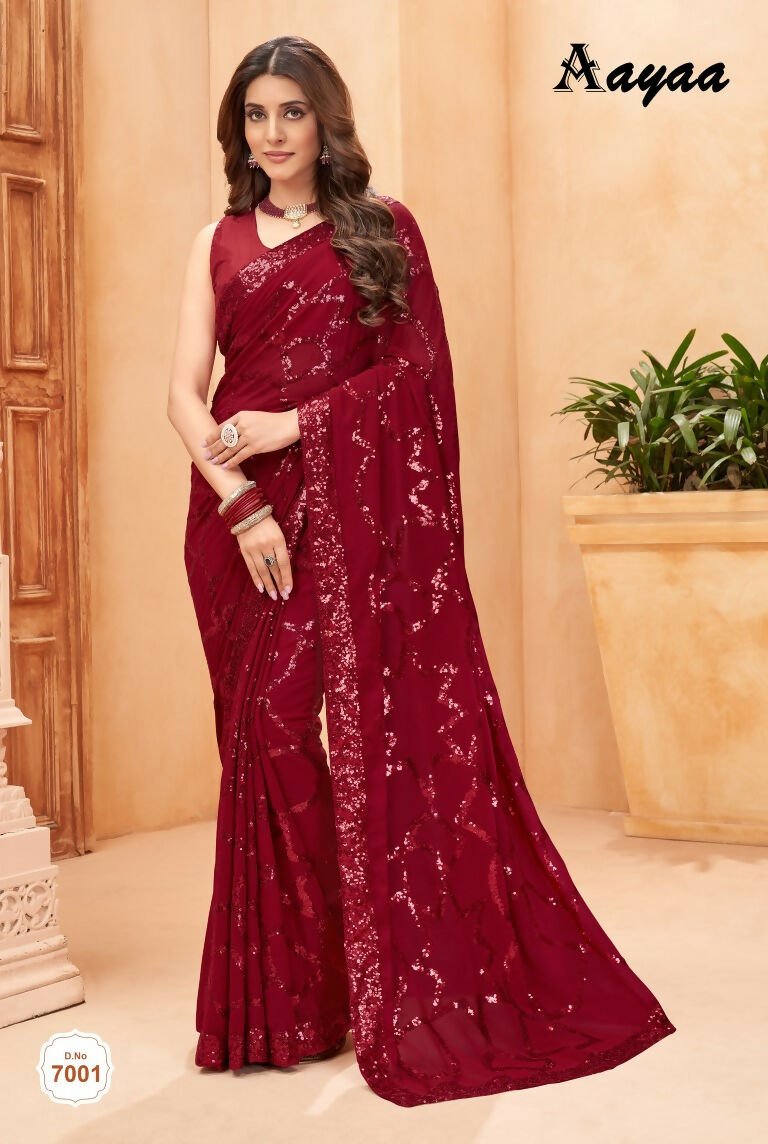 Aayaa Heavy Georgette Double Run Sequance Work Saree With Fitting Sequance Lace Border - Marron | Grocsy
