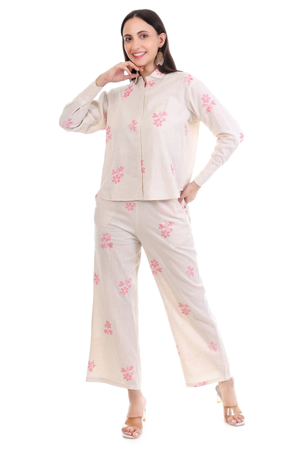 Jaitra Apparels Off White Embroidered Premium Pure Cotton Co-Ord Set For Women | Grocsy