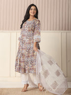 Yufta Beige Cotton Geometric Print Anarkali Kurta Pant Dupatta Set | Grocsy