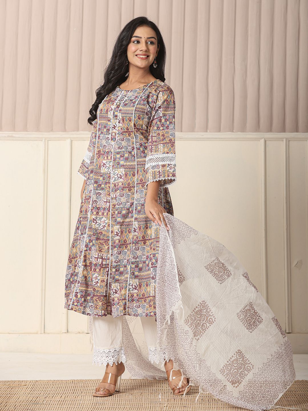 Yufta Beige Cotton Geometric Print Anarkali Kurta Pant Dupatta Set | Grocsy