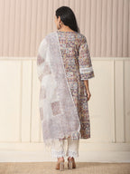 Yufta Beige Cotton Geometric Print Anarkali Kurta Pant Dupatta Set | Grocsy