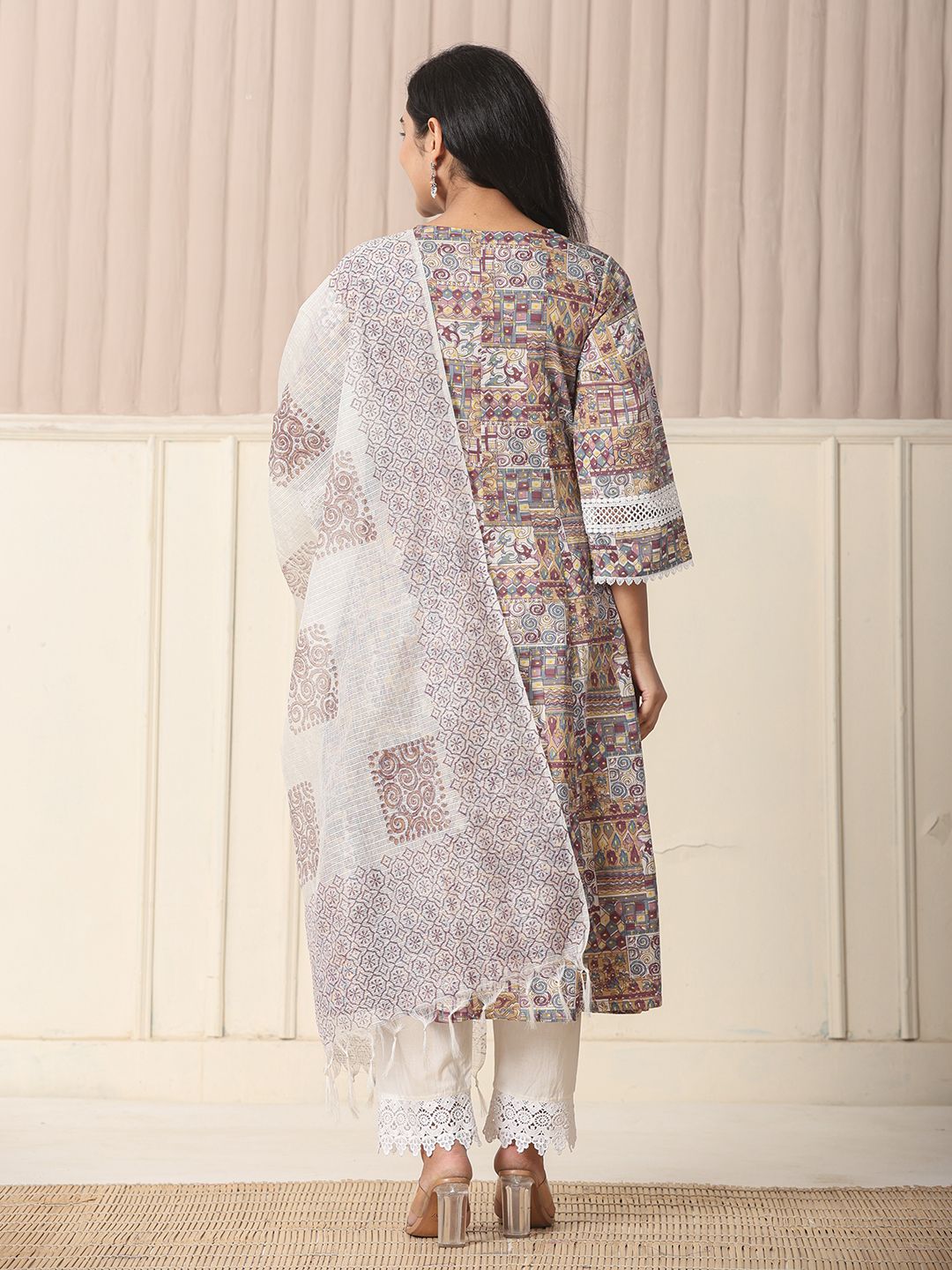Yufta Beige Cotton Geometric Print Anarkali Kurta Pant Dupatta Set | Grocsy
