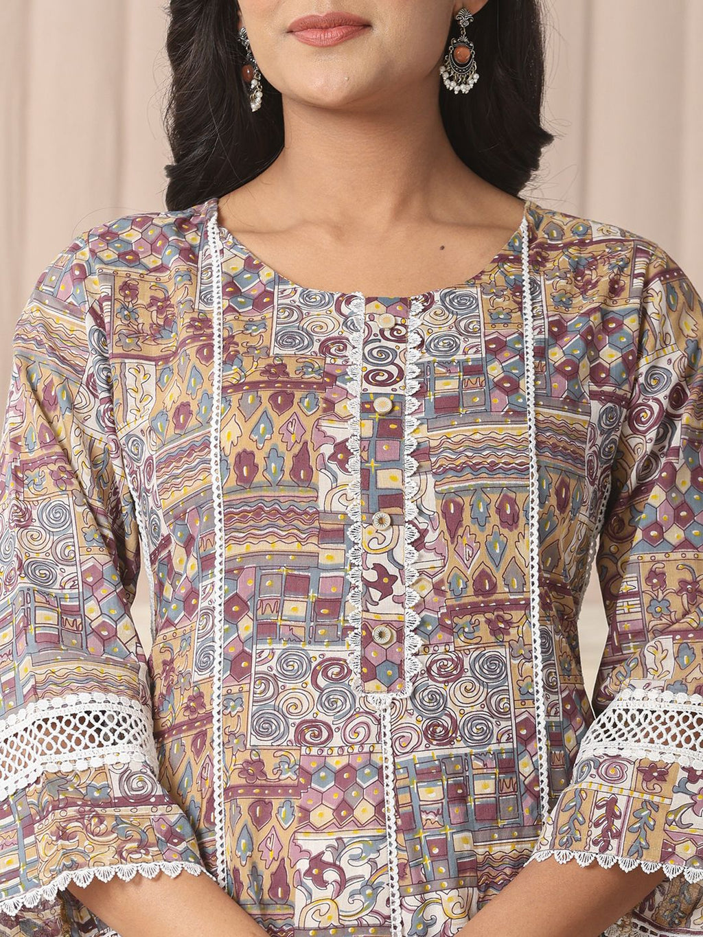 Yufta Beige Cotton Geometric Print Anarkali Kurta Pant Dupatta Set | Grocsy