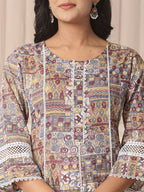 Yufta Beige Cotton Geometric Print Anarkali Kurta Pant Dupatta Set | Grocsy
