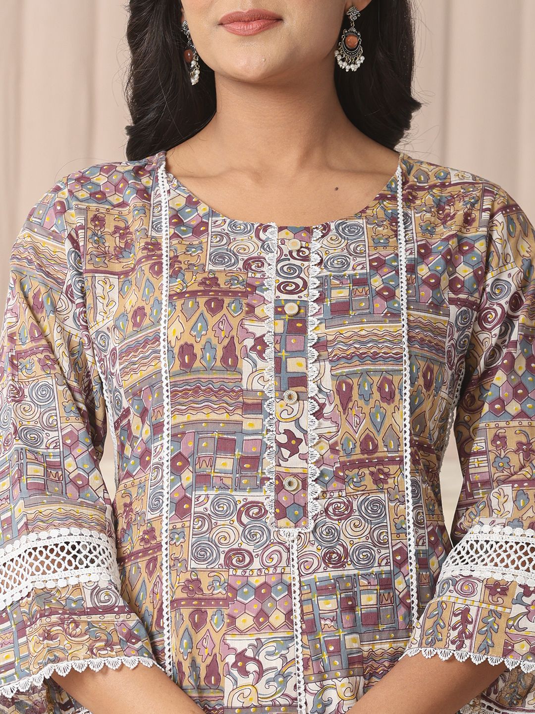 Yufta Beige Cotton Geometric Print Anarkali Kurta Pant Dupatta Set | Grocsy