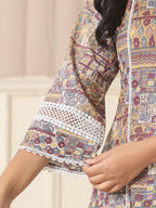 Yufta Beige Cotton Geometric Print Anarkali Kurta Pant Dupatta Set | Grocsy