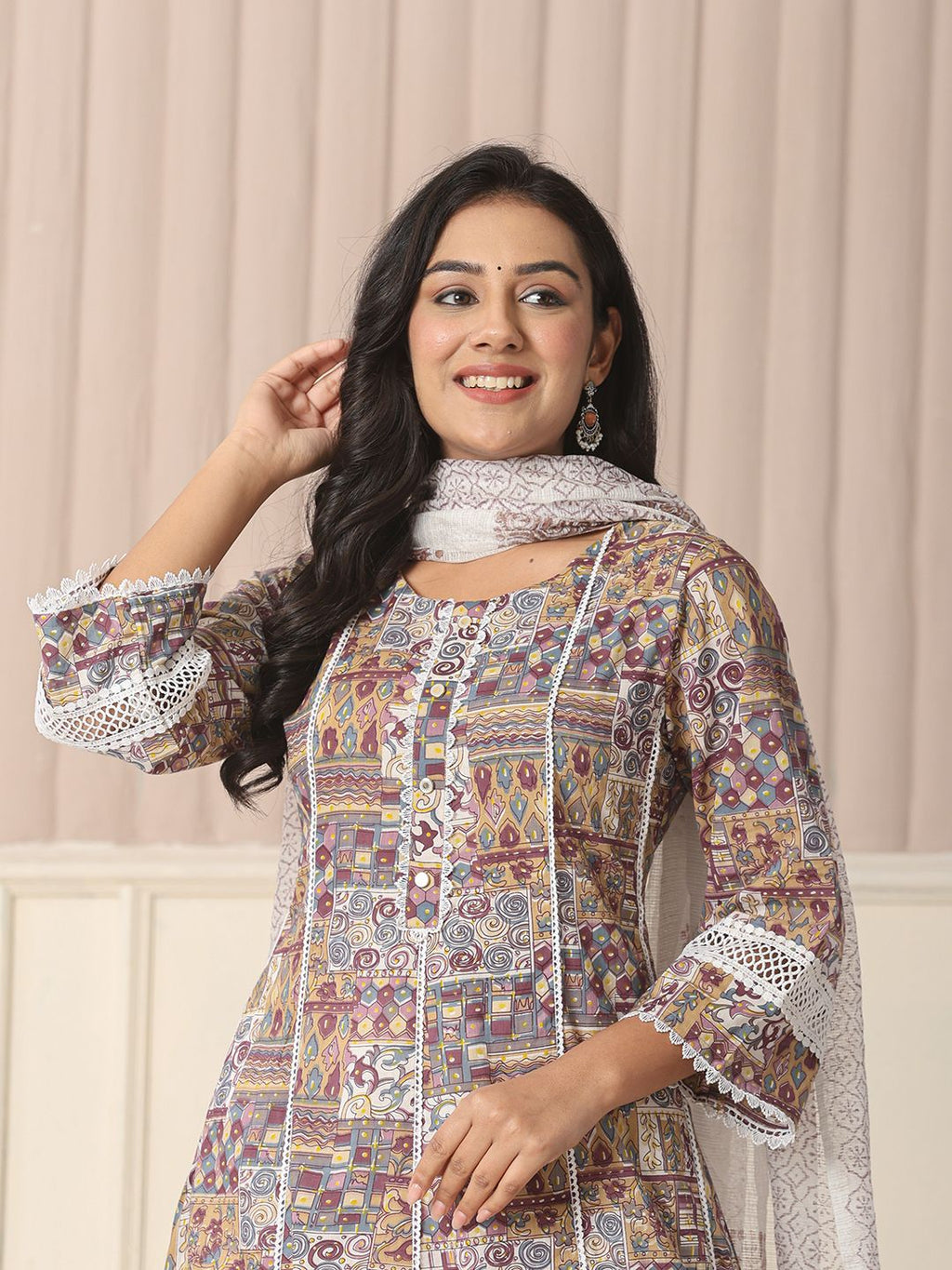 Yufta Beige Cotton Geometric Print Anarkali Kurta Pant Dupatta Set | Grocsy