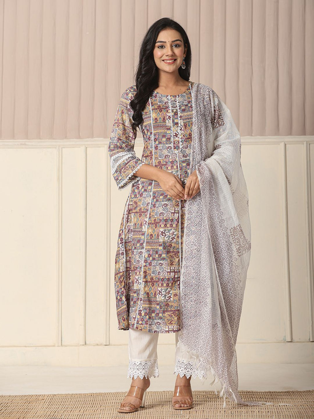 Yufta Beige Cotton Geometric Print Anarkali Kurta Pant Dupatta Set | Grocsy