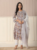 Yufta Beige Cotton Geometric Print Anarkali Kurta Pant Dupatta Set | Grocsy