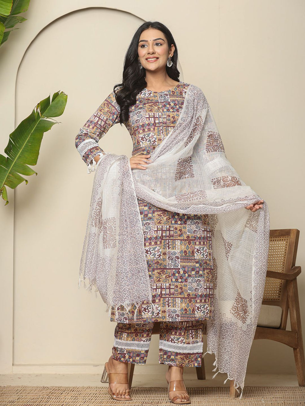 Yufta Beige Cotton Geometric Print Straight Kurta Pant Dupatta Set | Grocsy