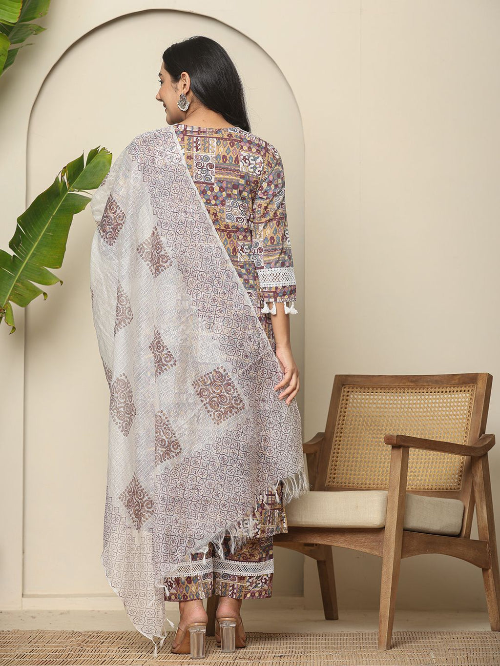 Yufta Beige Cotton Geometric Print Straight Kurta Pant Dupatta Set | Grocsy