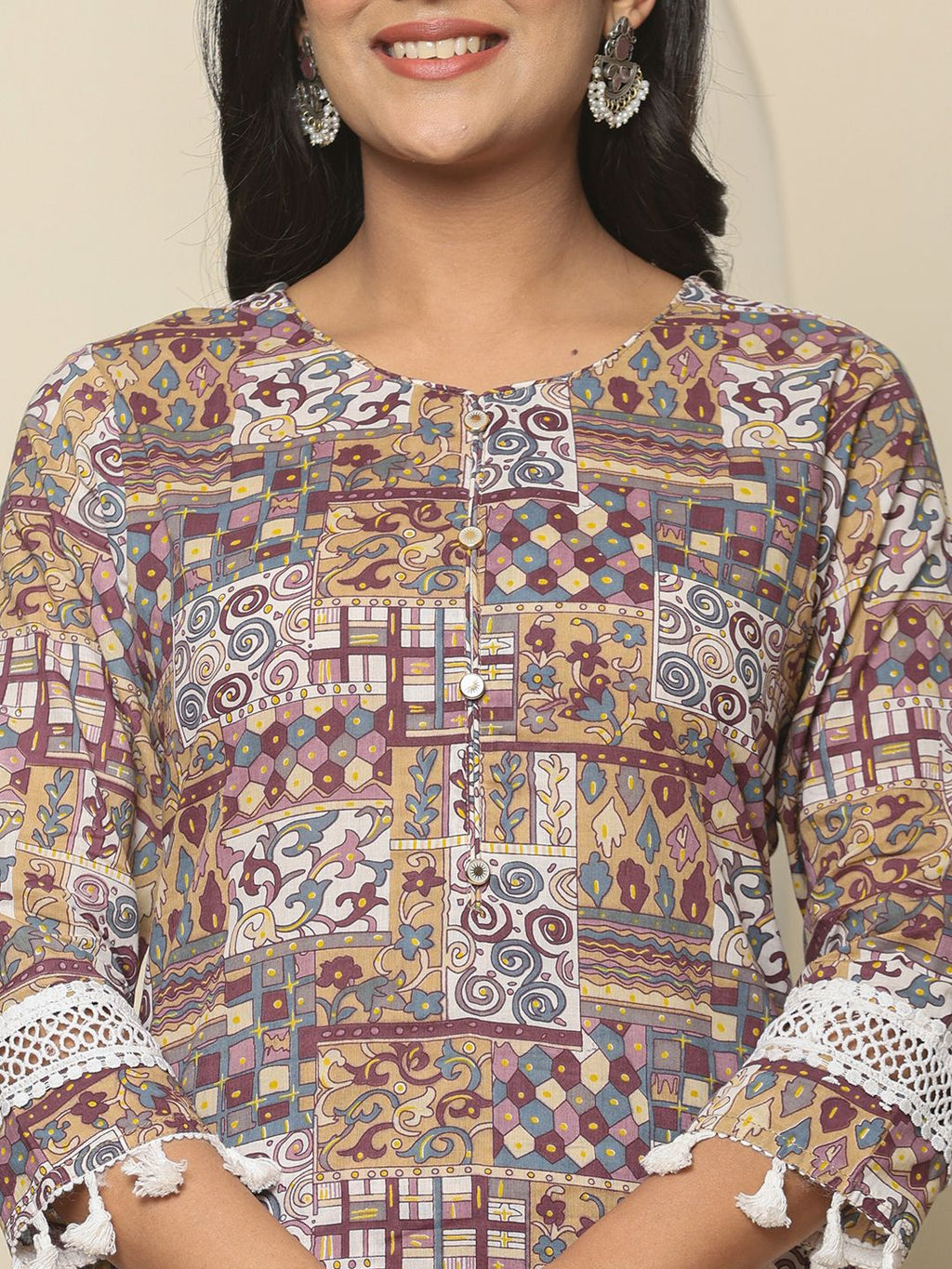 Yufta Beige Cotton Geometric Print Straight Kurta Pant Dupatta Set | Grocsy