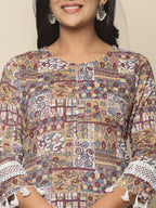 Yufta Beige Cotton Geometric Print Straight Kurta Pant Dupatta Set | Grocsy