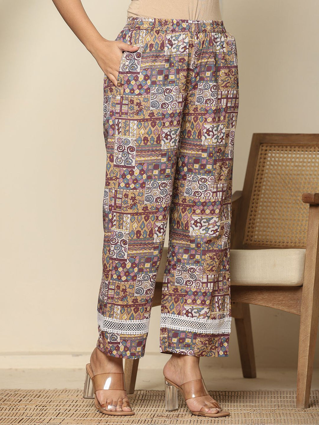 Yufta Beige Cotton Geometric Print Straight Kurta Pant Dupatta Set | Grocsy