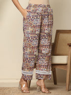Yufta Beige Cotton Geometric Print Straight Kurta Pant Dupatta Set | Grocsy