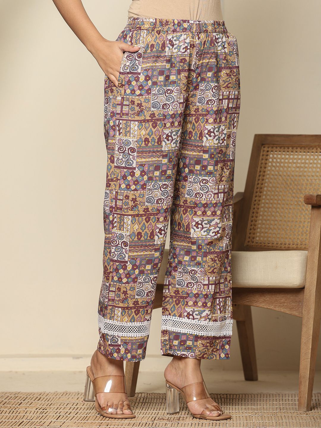 Yufta Beige Cotton Geometric Print Straight Kurta Pant Dupatta Set | Grocsy