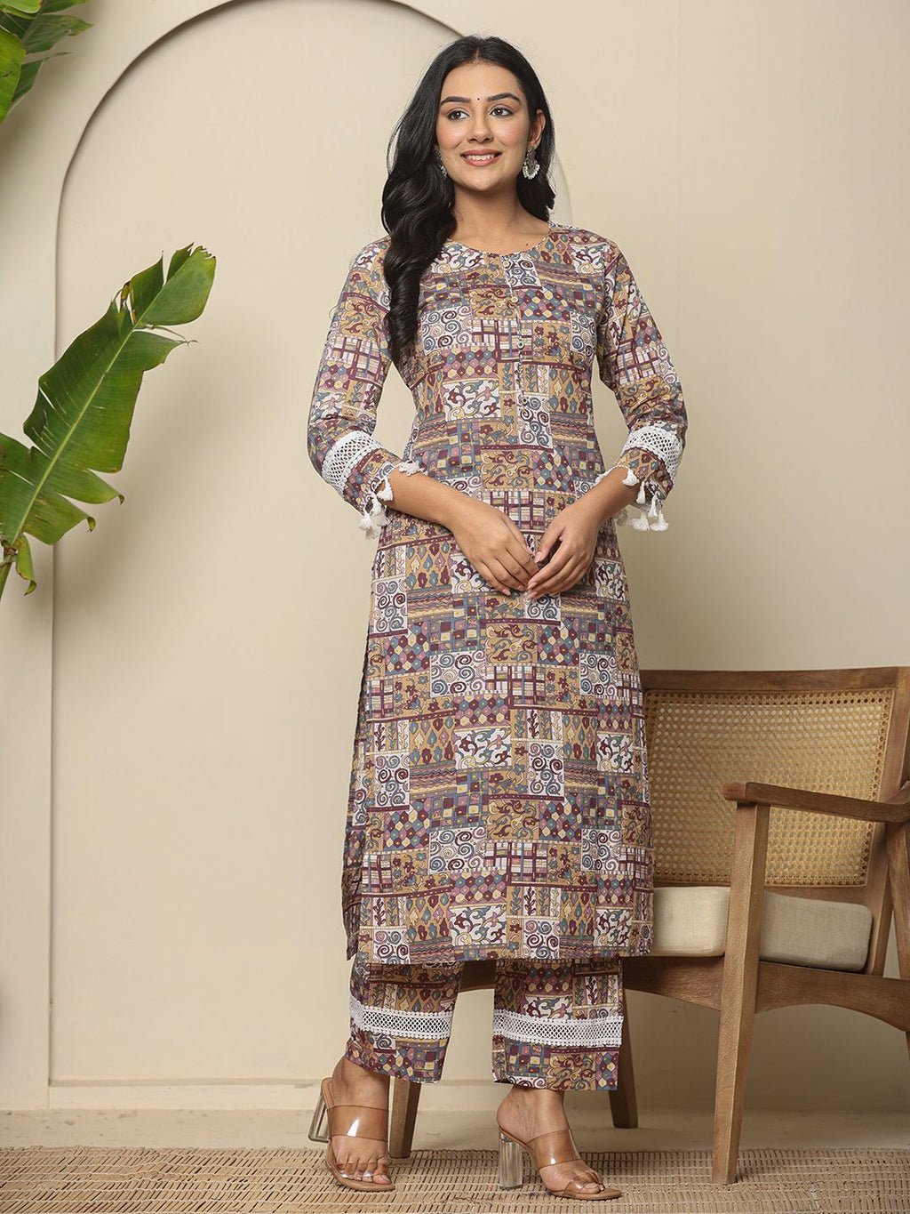 Yufta Beige Cotton Geometric Print Straight Kurta Pant Dupatta Set | Grocsy